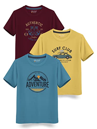 HELLCAT Boys Round Neck Printed Blended Cotton Tshirt -Combo Pack of 2 - Orange/Blue
