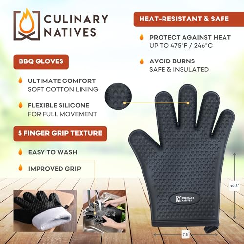 CULINARY NATIVES - Smoker Accessories Set - Grilling Oven Gloves, BBQ Claws, Meat Thermometer, Timer and Silicone Brush BBQ Set for Cooking Barbecue & Baking - Grill Smoker Accessories & Tools (Black)