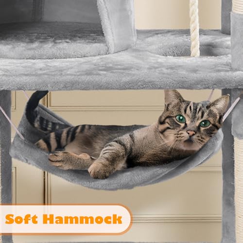 Yaheetech 158cm Multi-level Cat Tree Tower Large Kitten Scratching Posts with Condos/Perches/Hammock Broad-space Kitten Activity Centre, Light Grey