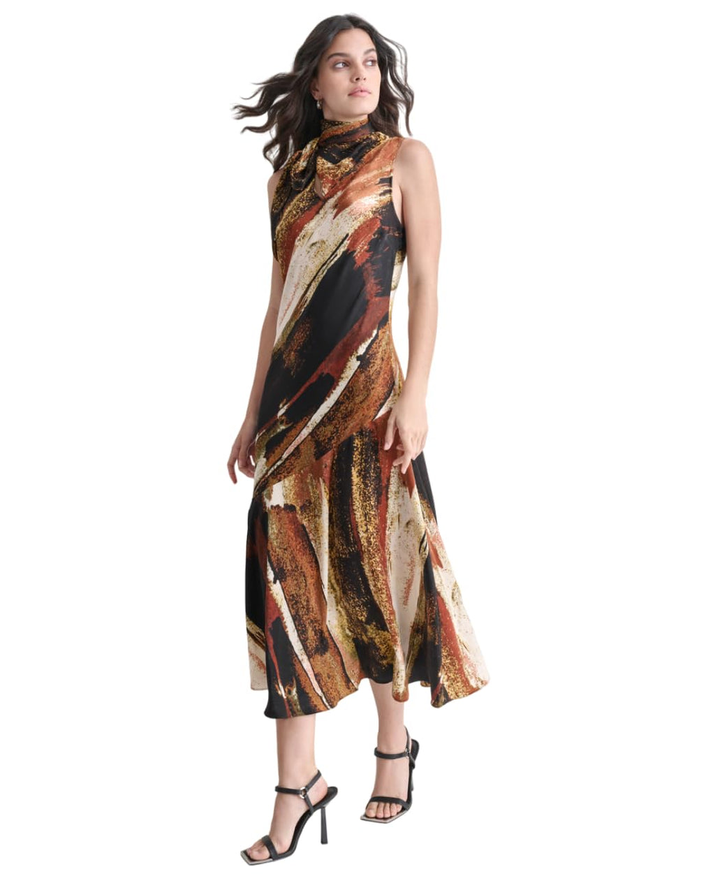 DKNY Sleeveless Printed Tie Neck Dress Vestido, Paint Stroke, XL Mujeres
