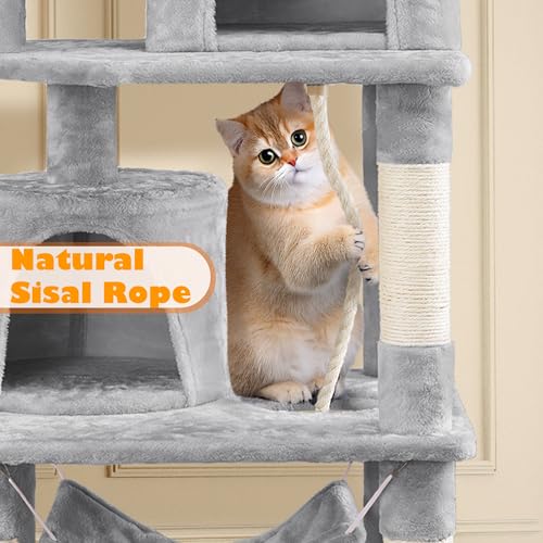 Yaheetech 158cm Multi-level Cat Tree Tower Large Kitten Scratching Posts with Condos/Perches/Hammock Broad-space Kitten Activity Centre, Light Grey