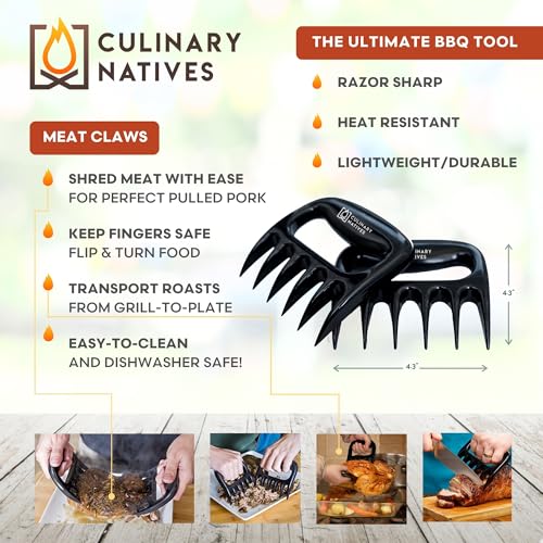 CULINARY NATIVES - Smoker Accessories Set - Grilling Oven Gloves, BBQ Claws, Meat Thermometer, Timer and Silicone Brush BBQ Set for Cooking Barbecue & Baking - Grill Smoker Accessories & Tools (Black)