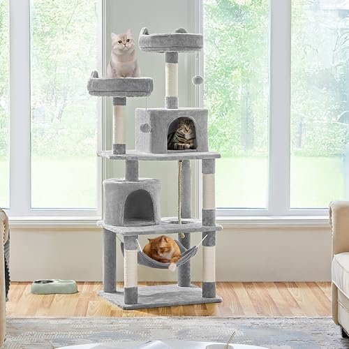 Yaheetech 158cm Multi-level Cat Tree Tower Large Kitten Scratching Posts with Condos/Perches/Hammock Broad-space Kitten Activity Centre, Light Grey