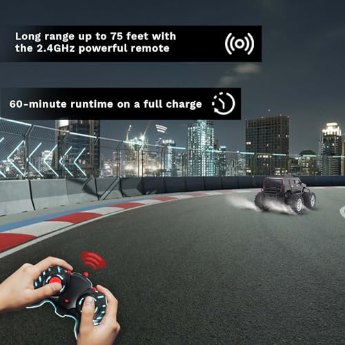 Popsugar Off Roader Rechargeable Remote Control Car | Monster Truck with 2 Speeds | 4 Headlight Modes | Lithium Battery | C-Type Charging | Remote Control Car for Kids | Made in India, Black Mat