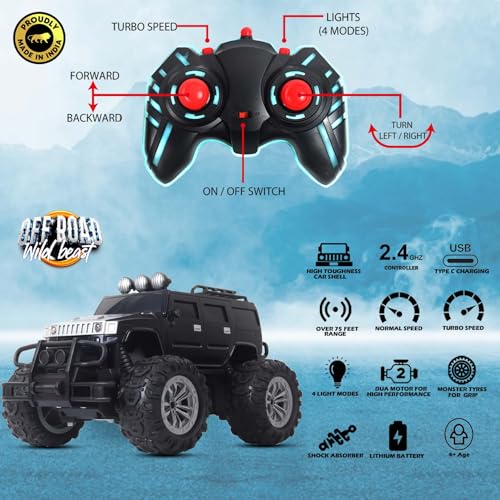 Popsugar Off Roader Rechargeable Remote Control Car | Monster Truck with 2 Speeds | 4 Headlight Modes | Lithium Battery | C-Type Charging | Remote Control Car for Kids | Made in India, Black Mat