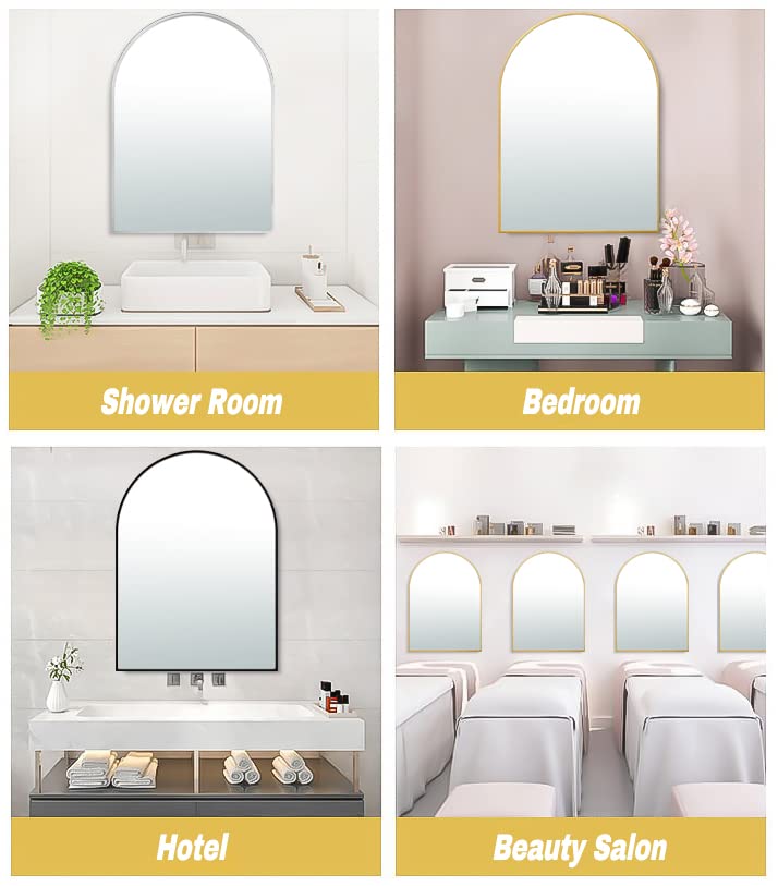 FINEWF 30x20 Arch Mirror Rectangle Wall Mounted Aluminum Alloy Metal Frame HD Glass Dressing Make-up for Bathroom Entryway Bedroom Living Room 30 20 inch Gold