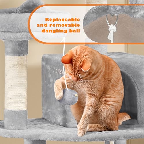 Yaheetech 158cm Multi-level Cat Tree Tower Large Kitten Scratching Posts with Condos/Perches/Hammock Broad-space Kitten Activity Centre, Light Grey