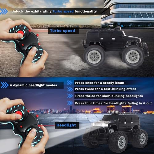 Popsugar Off Roader Rechargeable Remote Control Car | Monster Truck with 2 Speeds | 4 Headlight Modes | Lithium Battery | C-Type Charging | Remote Control Car for Kids | Made in India, Black Mat