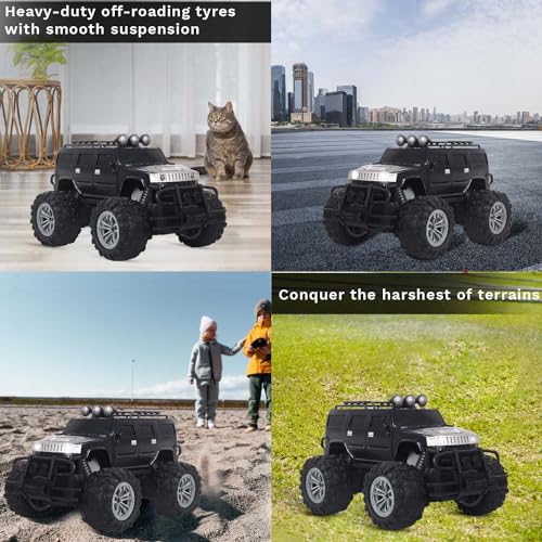 Popsugar Off Roader Rechargeable Remote Control Car | Monster Truck with 2 Speeds | 4 Headlight Modes | Lithium Battery | C-Type Charging | Remote Control Car for Kids | Made in India, Black Mat