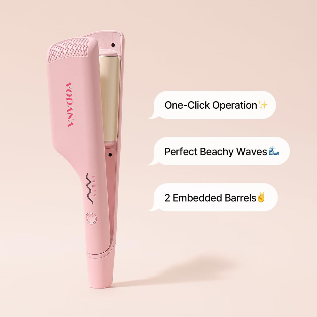 VODANA Professional Triple Flow Ceramic Hair Waver, Easy Beach Wave, Embedded, Light Double Barrel Wave Iron for Wide Deep Waves (1.25 inch, Pink Vanilla)