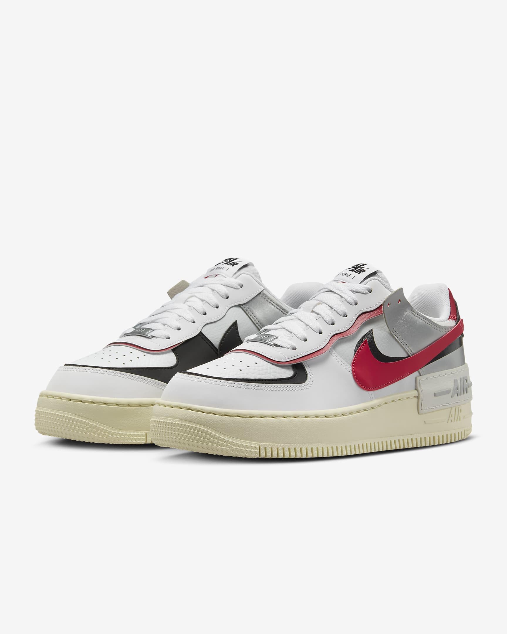 NIKE Air Force 1 Shadow, Sneaker Mujer, White Gym Red Black Metallic Silver, 41 EU