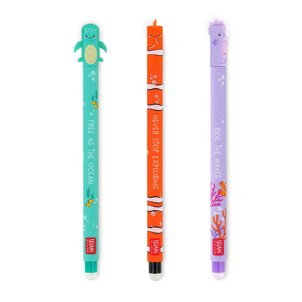LEGAMI - Set of 3 Erasable Gel Pens, Under the Sea, Pens with Thermosensitive Erase Ink, Turquoise, Black, Purple, Erasable Pen Marine, Erasable Pen Without Consuming the Sheet, 0.7mm Tip