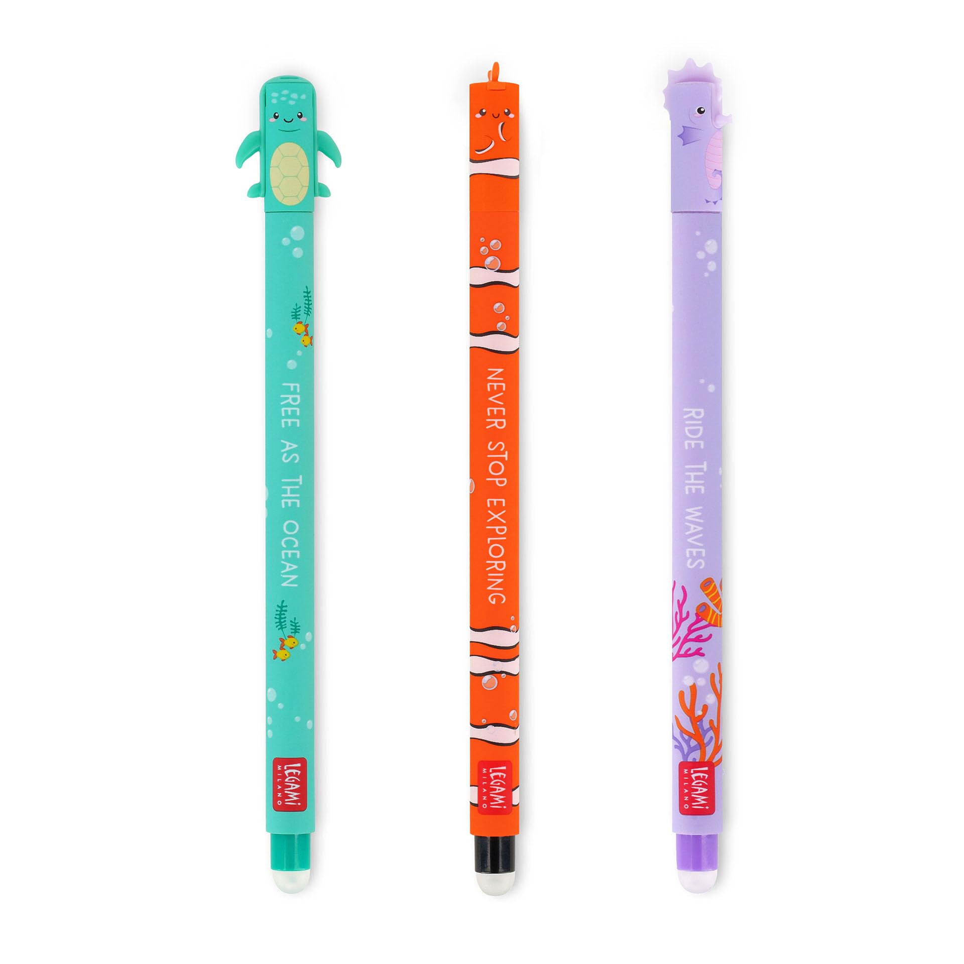LEGAMI - Set of 3 Erasable Gel Pens, Under the Sea, Pens with Thermosensitive Erase Ink, Turquoise, Black, Purple, Erasable Pen Marine, Erasable Pen Without Consuming the Sheet, 0.7mm Tip