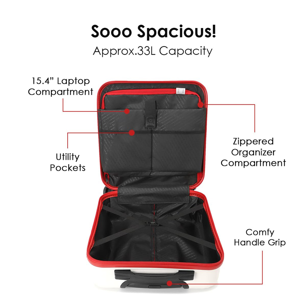 Swiss Military Sirius Cabin Luggage Bag, Durable ABS Suitcase, 32L Travel Trolley Bag with 360° Spinner Wheels, Combination Lock, Lightweight 45 cms, 17 Inches, White Red, 1-Year Warranty
