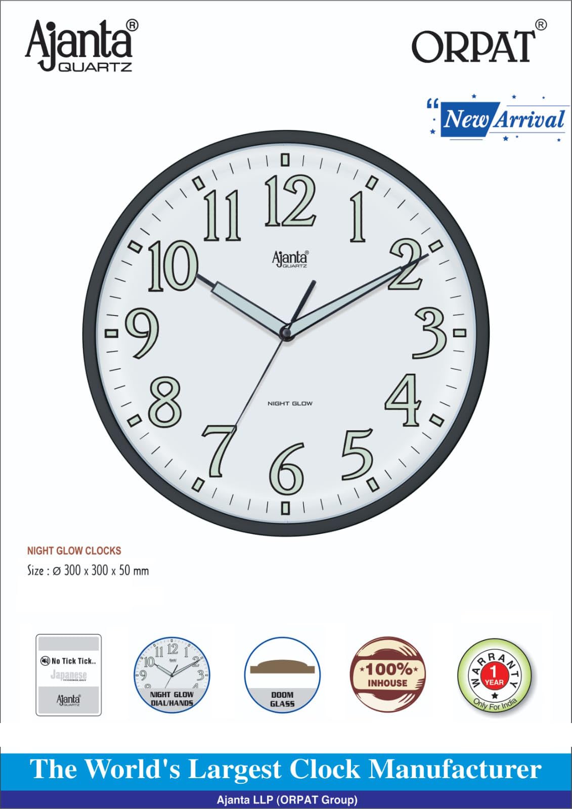 Ajanta 12 Inches Silent Sweep Radium Analog Wall Clock - Night Glow, White Dial - 30x30 cm (P. White)