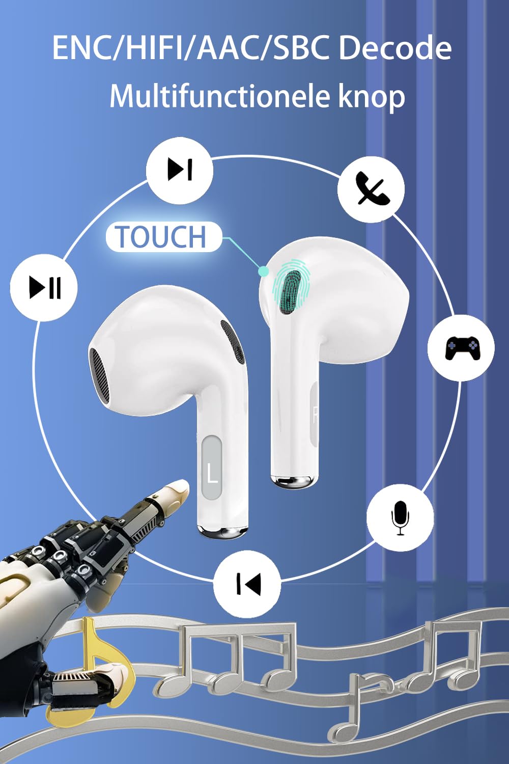Draadloze Oortjes, ENC Ruisonderdrukkende Draadloze Bluetooth 5.3 Hoofdtelefoon, Draadloze Stereokoptelefoon Met Microfoon, Touch, IPX7 waterdicht, 35 uur speeltijd, Geschikt Voor Sport/Werk