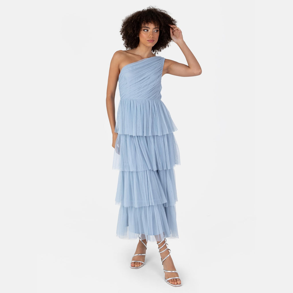 Anaya with Love Women's Midaxi Dress Ladies One Shoulder Sleeveless Tiered Skirt for Wedding Guest Bridesmaid Evening Occasion Ball Gown Vestido, Soft Blue, 46 De Las Mujeres