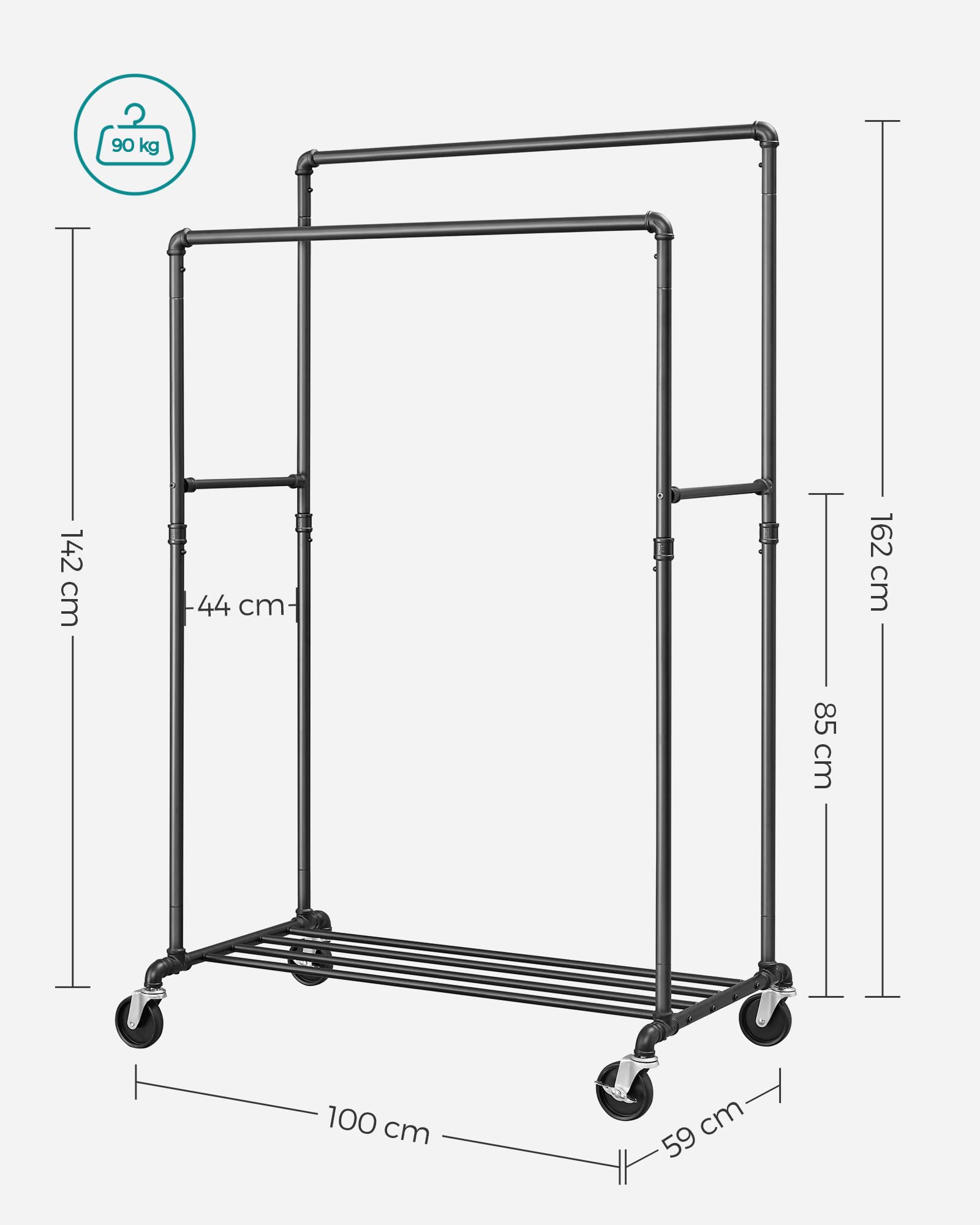 SONGMICS elbise askısı, elbise askısı, 2 elbise askısı ve raflı elbise askısı, tekerlekler, 110 kg'a kadar yük kapasitesi, endüstriyel tasarım, yatak odası, giyinme odası için, siyah HSR60B