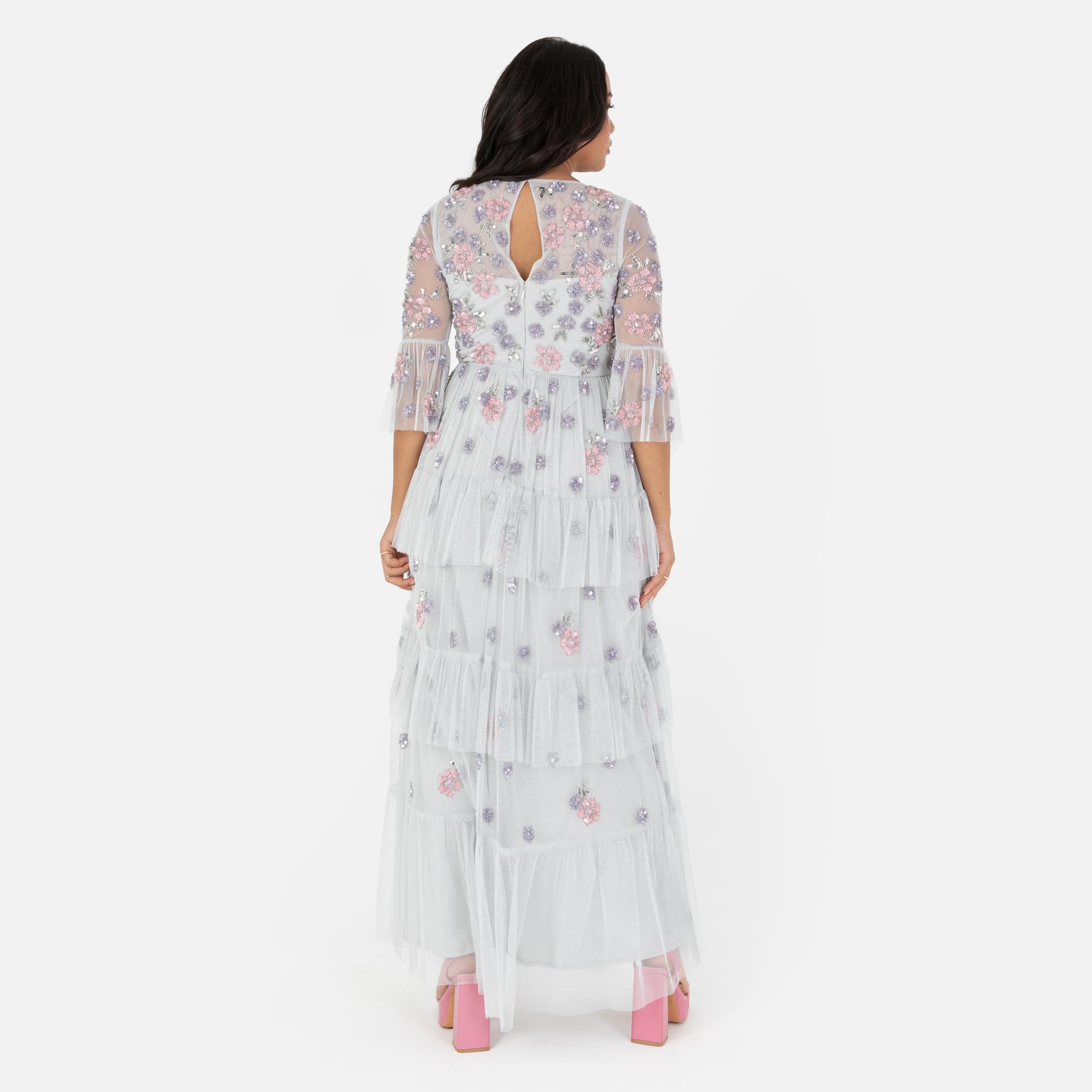 Maya Deluxe Women's Ladies Maxi Dress Round Neck 3/4 Sleeve Floral Sequin Embellished Ruffle A-Line for Wedding Guest Prom Ball Gown Vestido, Glacier Grey, 42 para Mujer