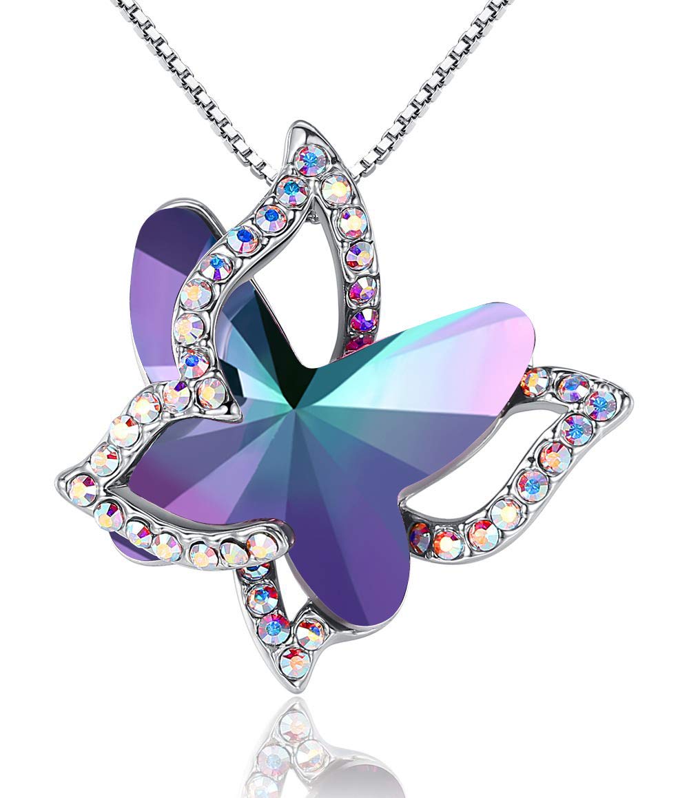 GEMMANCE Gift Butterfly Crystal Necklace with Rainbow Fluorite Purple Healing Stone for Calming Mind, Silver, Tone, 18”+2” Chain