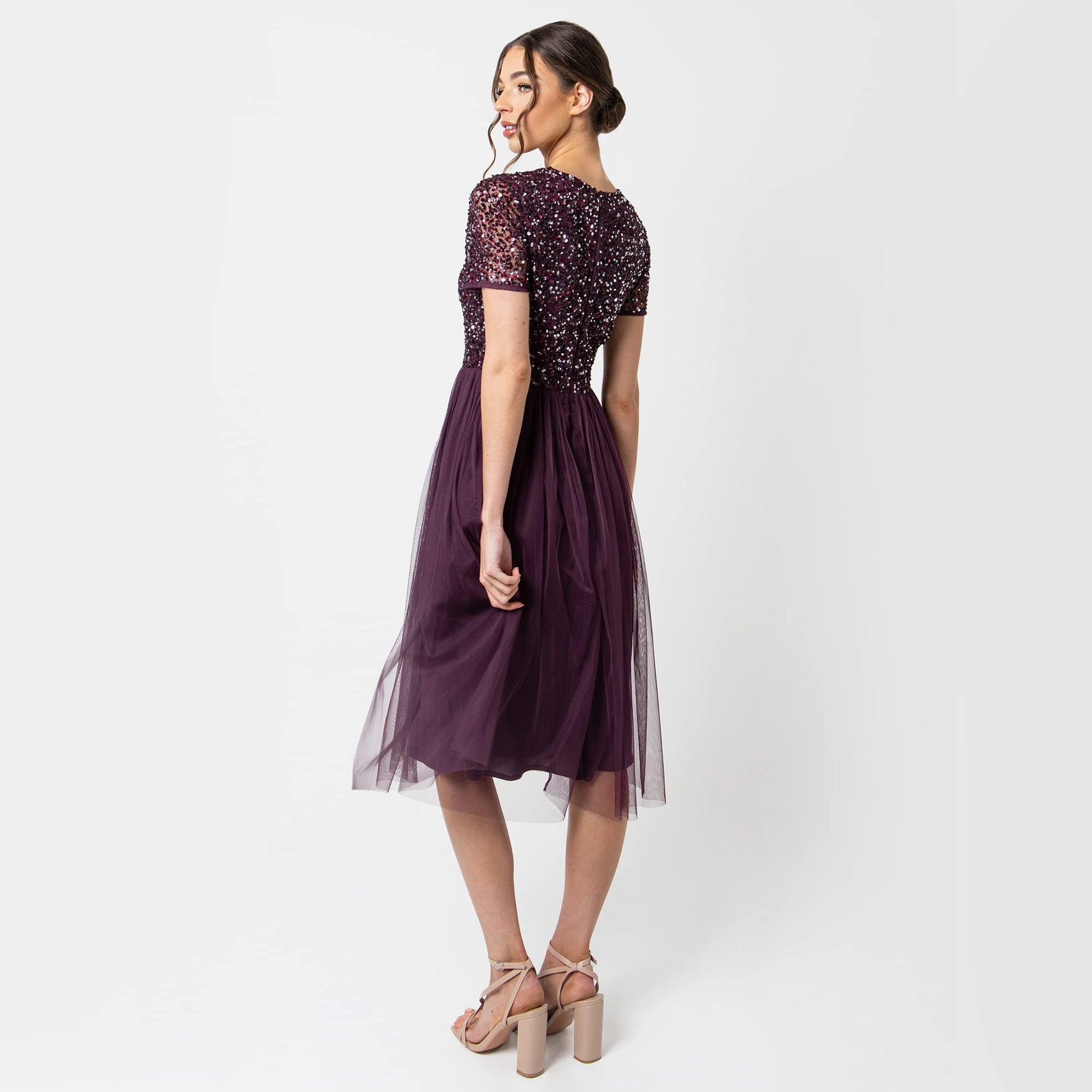 Maya Deluxe Vestido de Noche Midi Adornado para Mujer, Cuello En V con Manga Corta para Baile de Graduación Y Boda Dama de Honor, Frutas del Bosque, 48