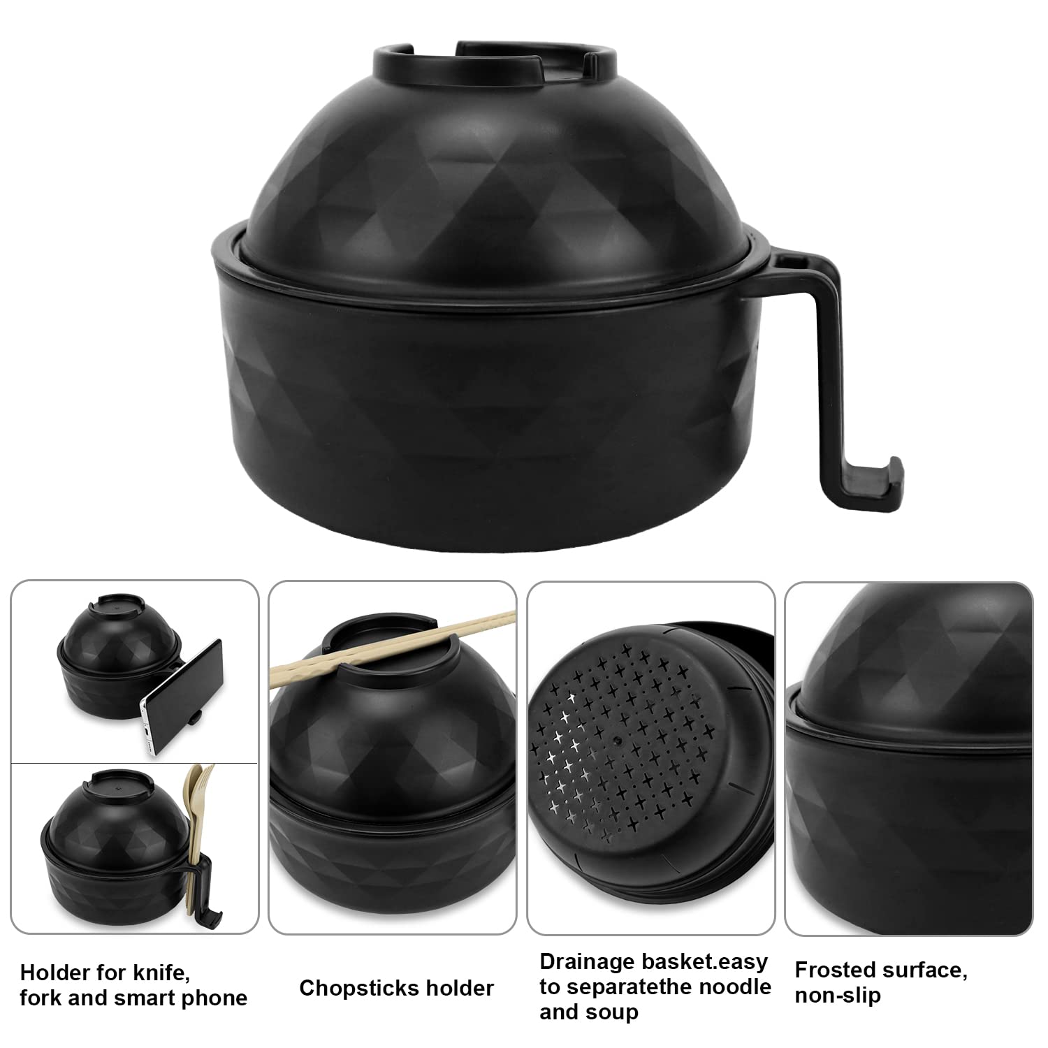 Anyfeel Microwave Ramen Bowl 6-piece Set Ramen Bowl Set Ramen Cooker with Phone Holder Dishwasher Safe for College Dorm Room Office Instant Cooking (black)