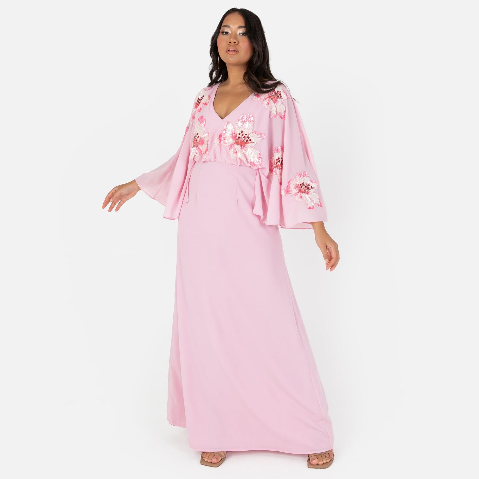 Maya Deluxe Women's Maxi Dress Ladies V-Neck Long Cape Sleeve Floral Sequin Embellished A-Line for Wedding Guest Evening Occasion Vestido, Cherry Blossom, 54 para Mujer