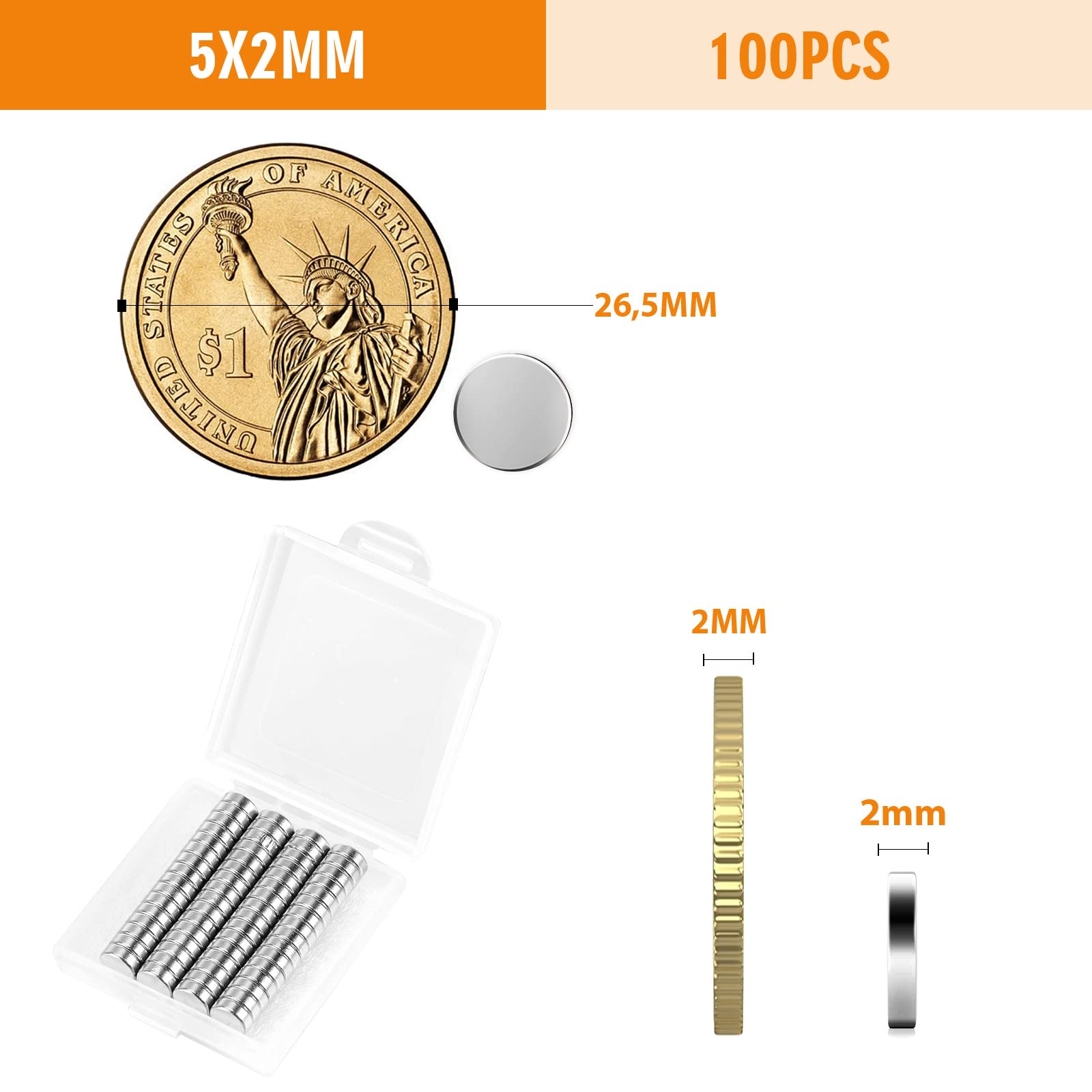 100 st neodym-magneter, 5 mm x 2 mm runda och starka magneter för whiteboards, kylskåp, hantverk, anslagstavla eller bildmagnet