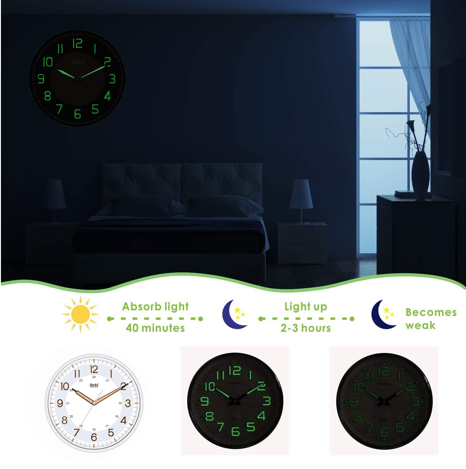 Ajanta 12 Inches Silent Sweep Radium Analog Wall Clock - Night Glow, White Dial - 30x30 cm (P. White)