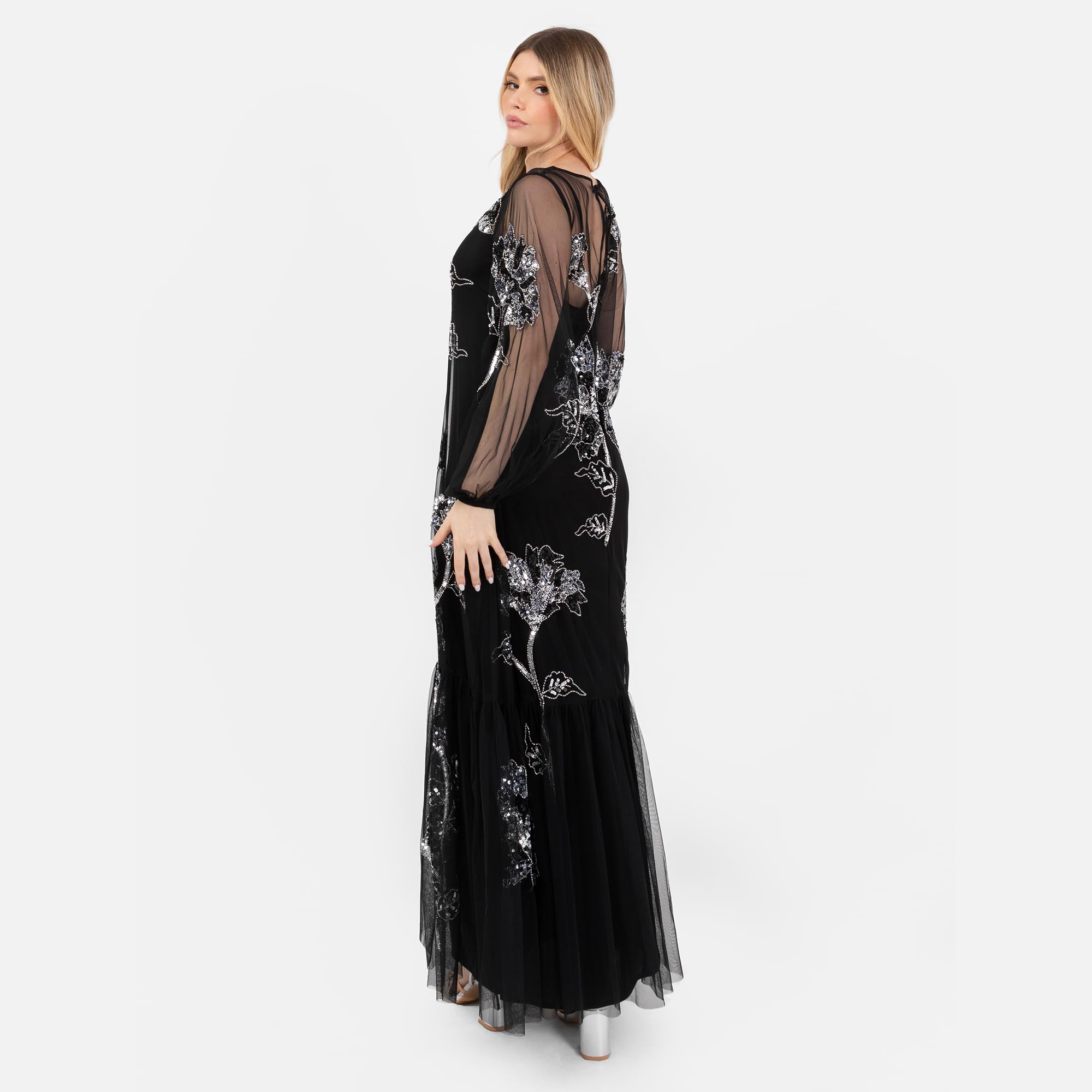 Maya Deluxe Women's Maxi Dress Ladies Long Sleeve Boat Neck Sheer Tulle Floral Sequin Embellished Trapeze Evening Prom Ball Gown, Black, 44
