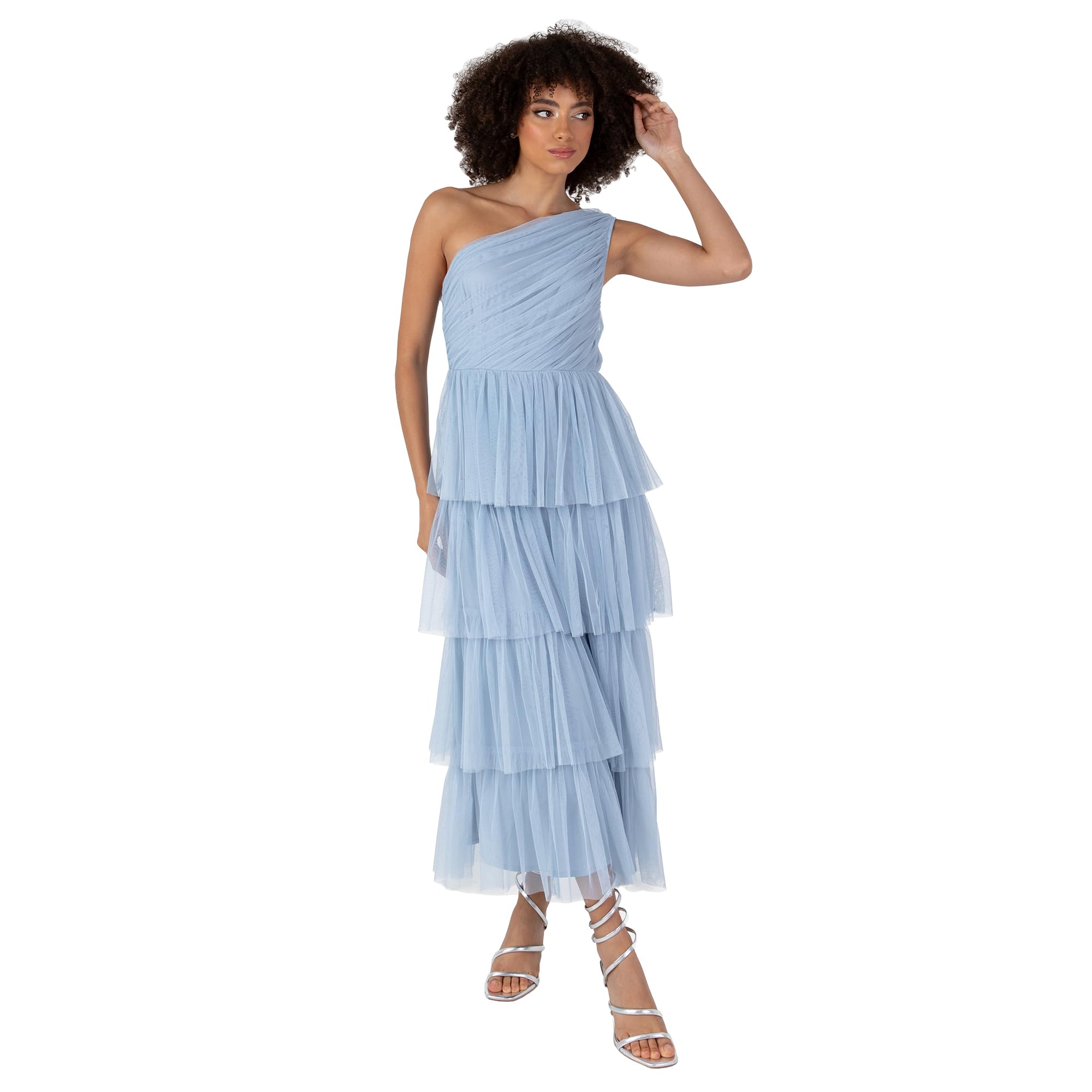 Anaya with Love Women's Midaxi Dress Ladies One Shoulder Sleeveless Tiered Skirt for Wedding Guest Bridesmaid Evening Occasion Ball Gown Vestido, Soft Blue, 46 De Las Mujeres