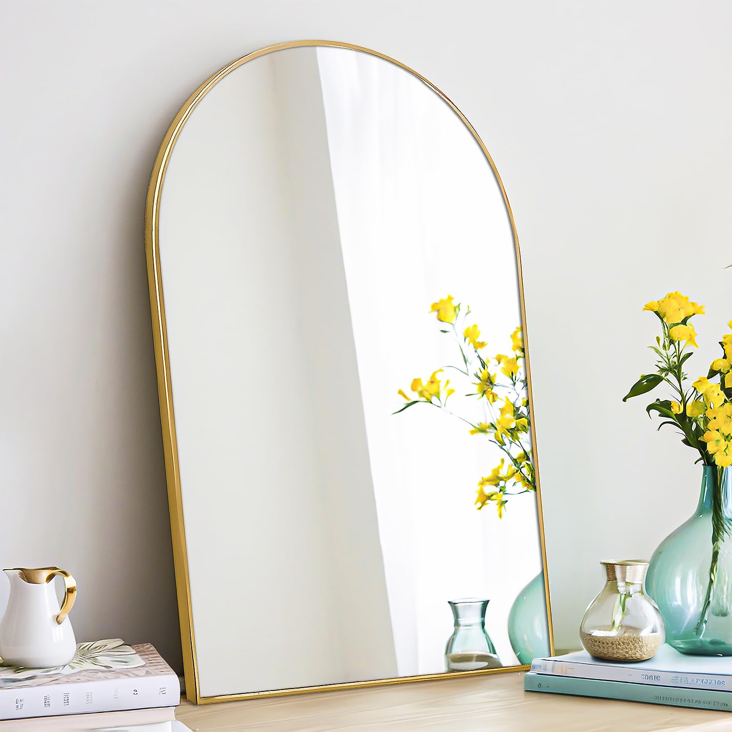 FINEWF 30x20 Arch Mirror Rectangle Wall Mounted Aluminum Alloy Metal Frame HD Glass Dressing Make-up for Bathroom Entryway Bedroom Living Room 30 20 inch Gold