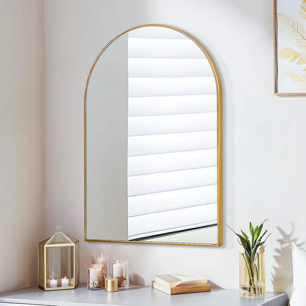 FINEWF 30x20 Arch Mirror Rectangle Wall Mounted Aluminum Alloy Metal Frame HD Glass Dressing Make-up for Bathroom Entryway Bedroom Living Room 30 20 inch Gold