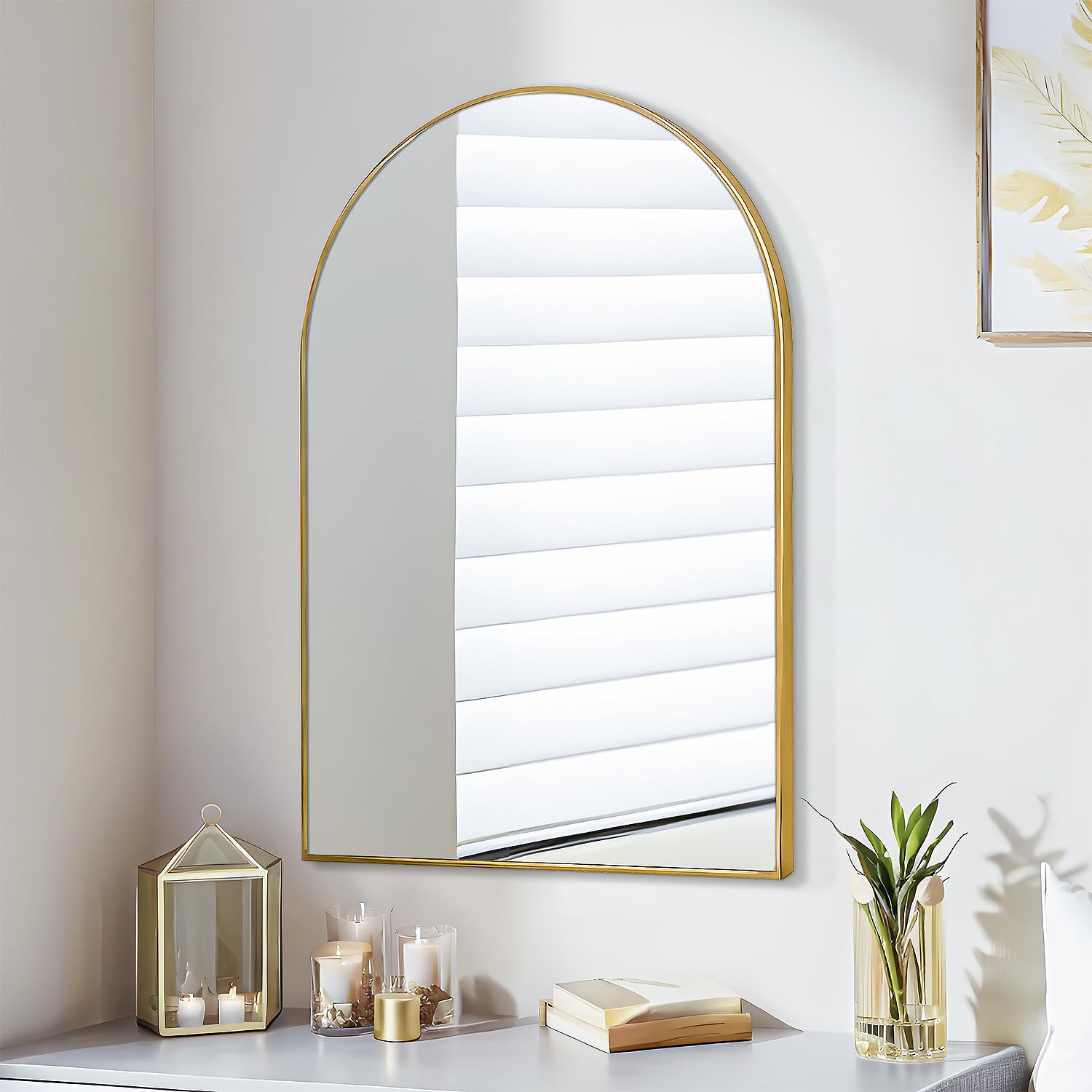 FINEWF 30x20 Arch Mirror Rectangle Wall Mounted Aluminum Alloy Metal Frame HD Glass Dressing Make-up for Bathroom Entryway Bedroom Living Room 30 20 inch Gold