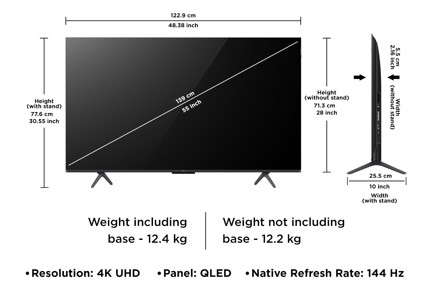 TCL 139 cm (55 Inches) 4K UHD Smart QD-Mini LED Google TV | 144Hz Refresh Rate | 3GB RAM | 46W Onkyo 2.1 | Upto 512+ Zones | IMAX Enhanced | 55Q6C