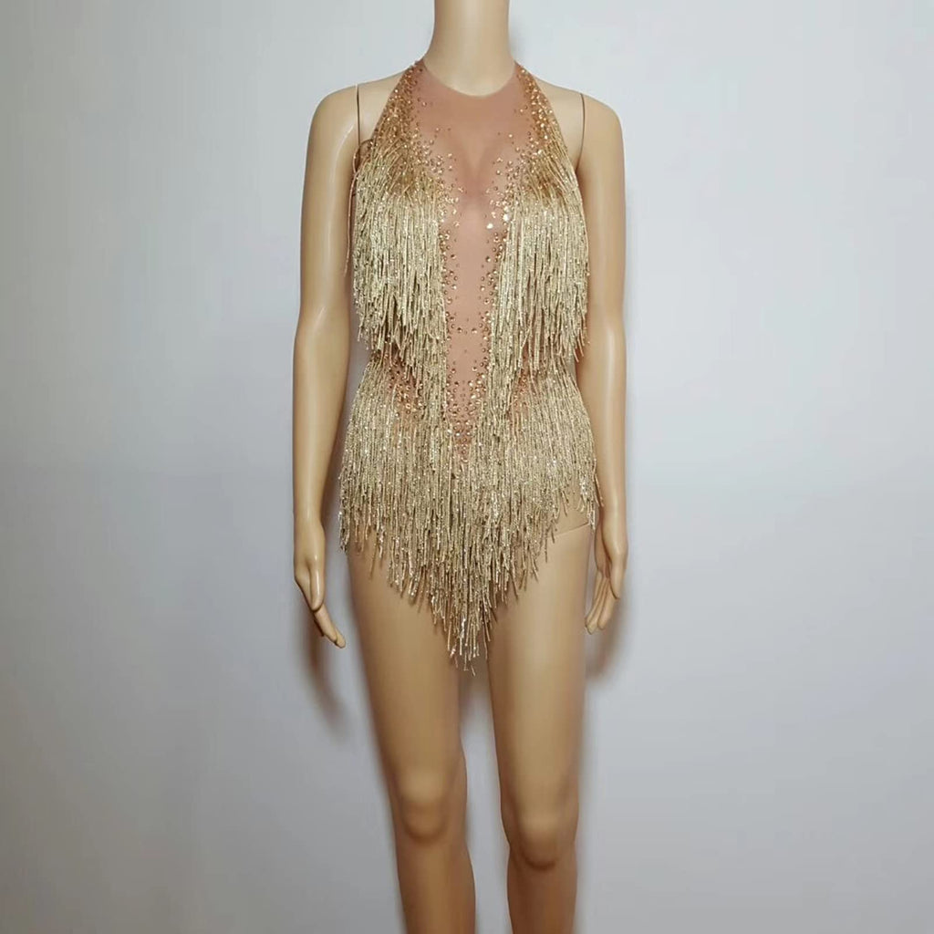 YUANTONG Body de diamantes de imitación dorado para mujer, con flecos, top de baile, leotardo, drag Queen, trajes