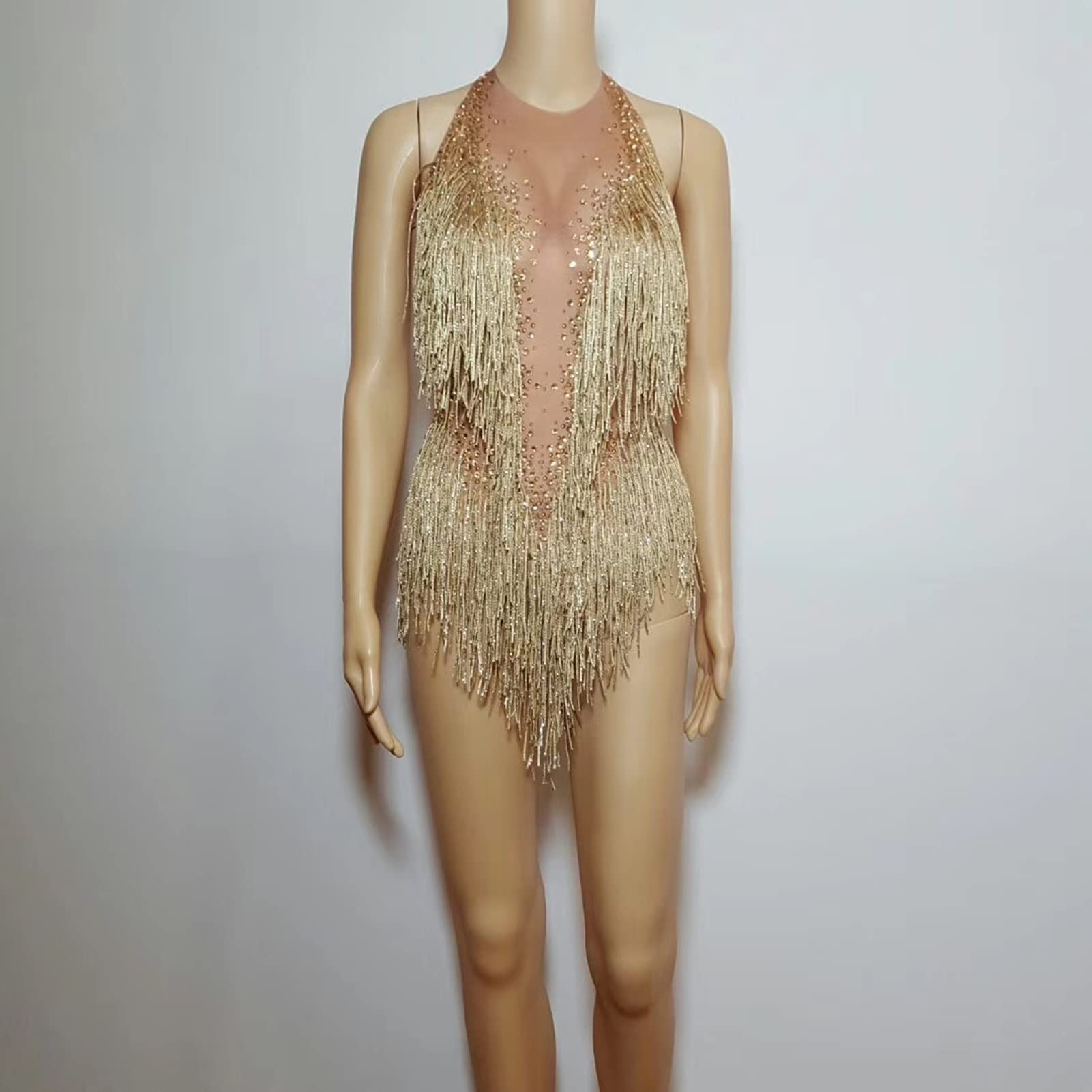 YUANTONG Body de diamantes de imitación dorado para mujer, con flecos, top de baile, leotardo, drag Queen, trajes