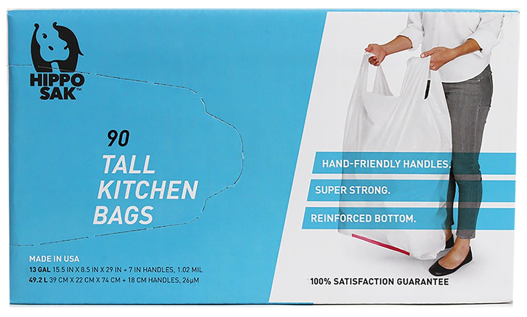 Hippo Sak - Tall Kitchen Garbage Bags with Ergonomic Handles - 13 Gallon Trash Bags - Super Strong, Patented Reinforced Bottom and Leak Proof Tall Kitchen Trash Bags - Heavy Duty Trash Bags (90 Count)