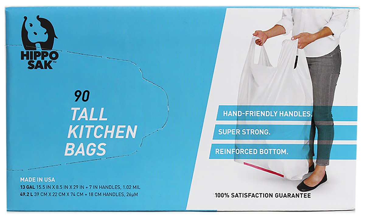 Hippo Sak - Tall Kitchen Garbage Bags with Ergonomic Handles - 13 Gallon Trash Bags - Super Strong, Patented Reinforced Bottom and Leak Proof Tall Kitchen Trash Bags - Heavy Duty Trash Bags (90 Count)