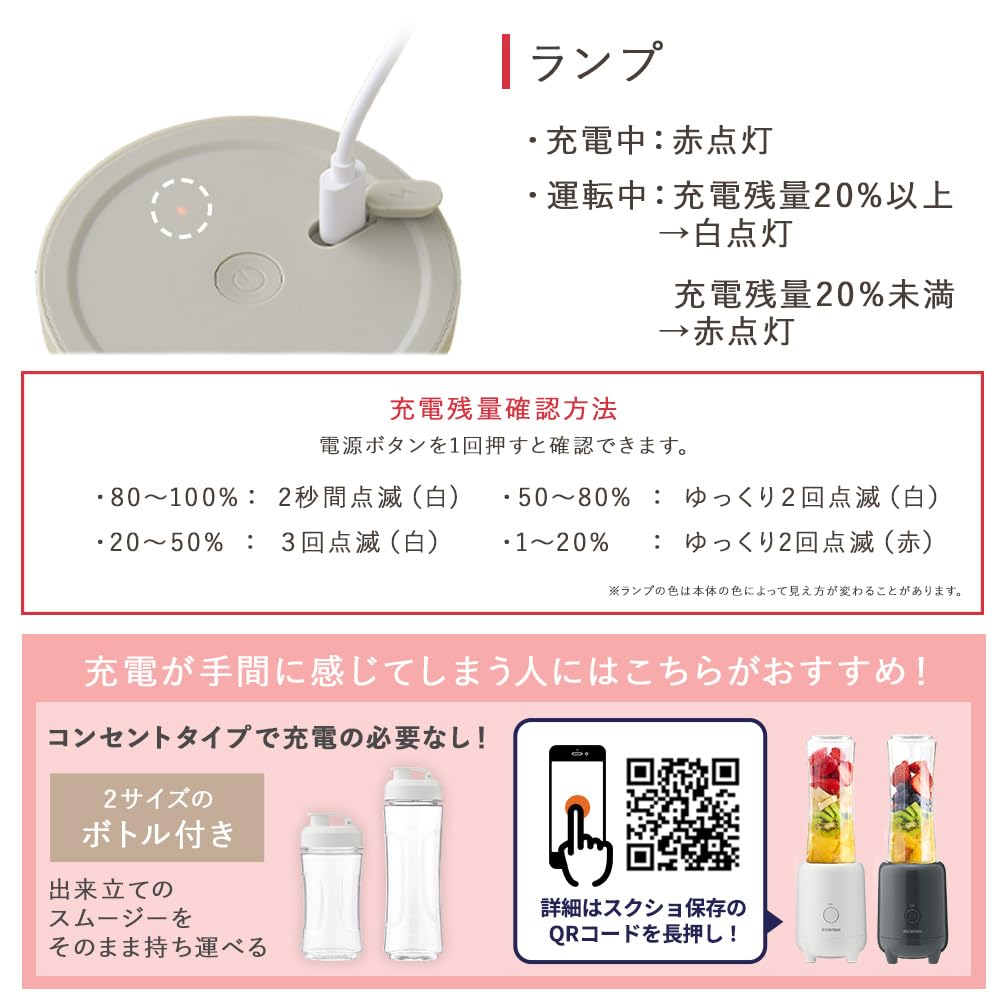 IRIS OHYAMA Blender Wireless Blender Blender Hand Blender Small Easy Clean Break Ice Can Be Used Anywhere Blended Fruit Mocha Lightweight USB Cable Compatible with Type