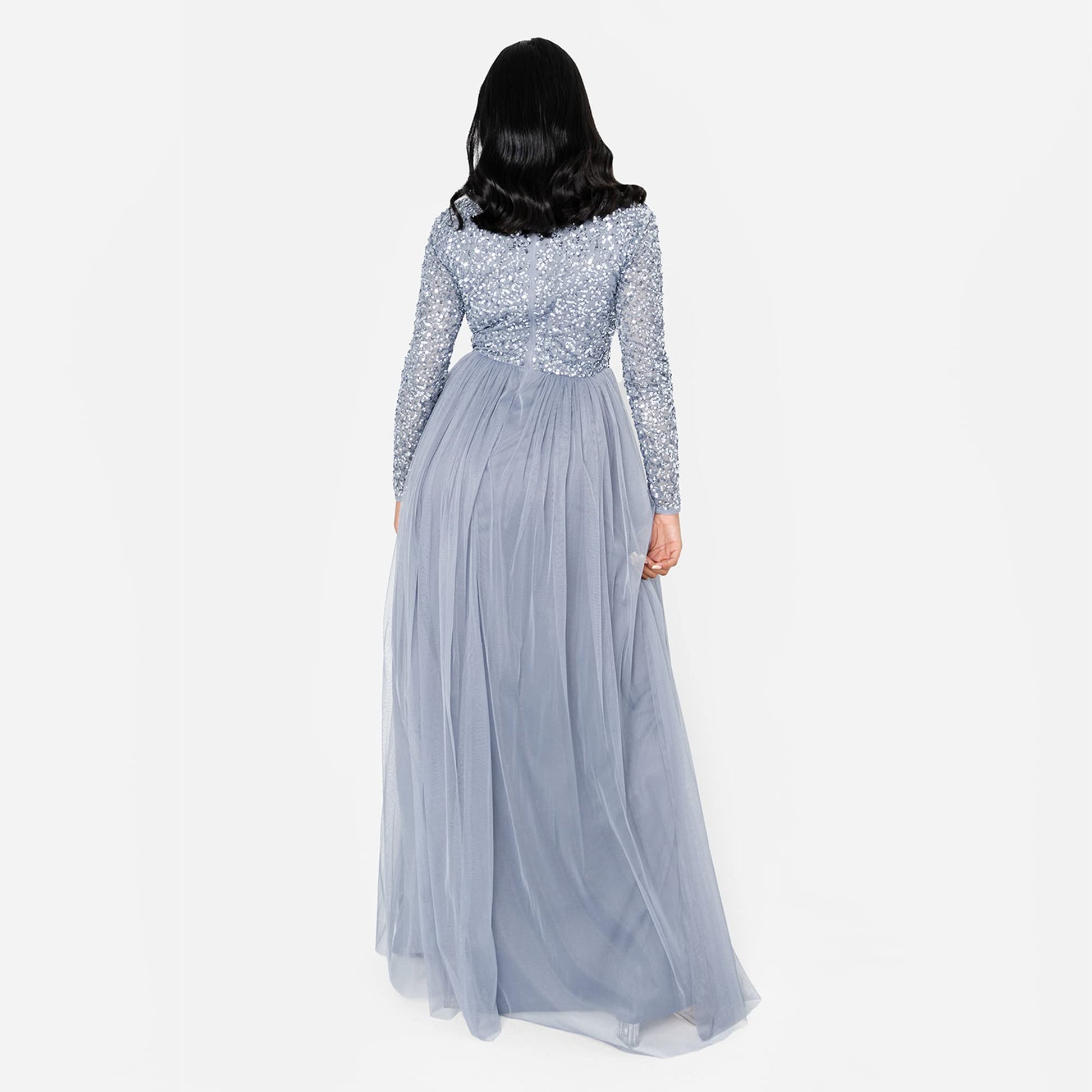 Maya Deluxe Womens Ladies Dress Sleeve for Wedding Guest V Neck High Empire Waist Maxi Long Length Evening Bridesmaid Prom Vestido, Dusty Blue, 24 para Mujer