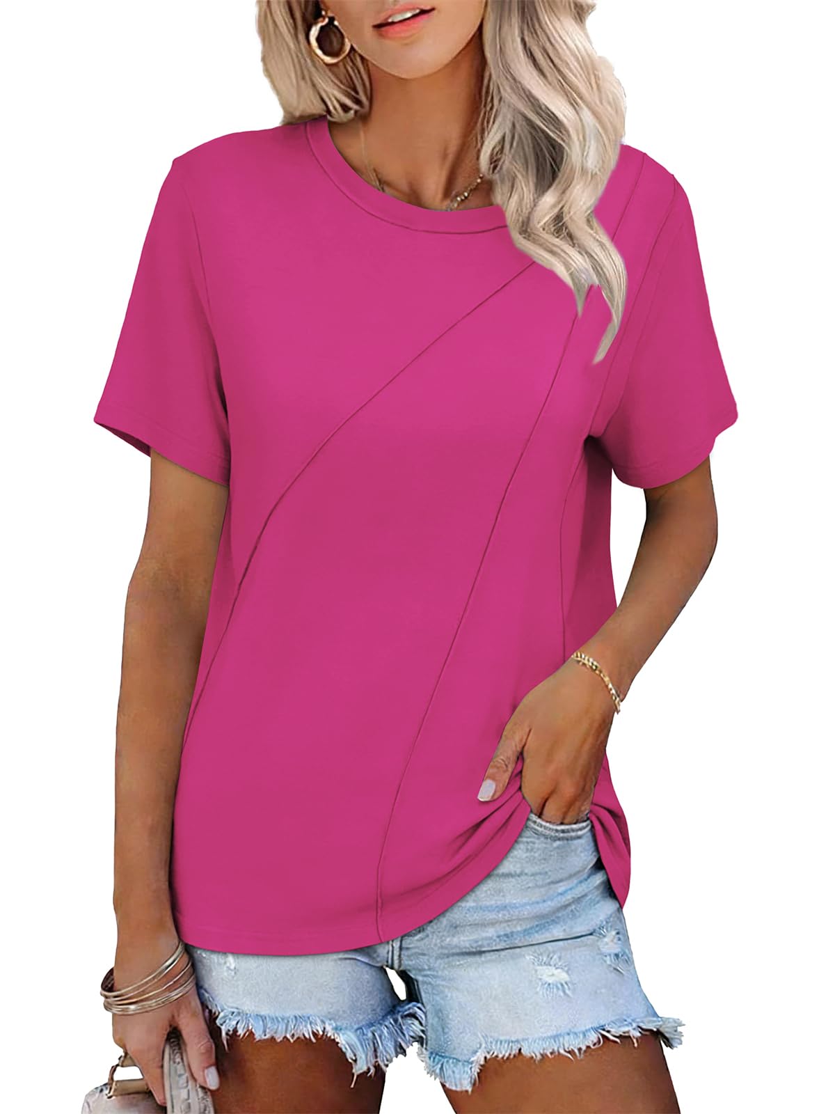 Womens T Shirts Summer Tops Ladies Casual Basic Tees, Ombre Grey Coral,L