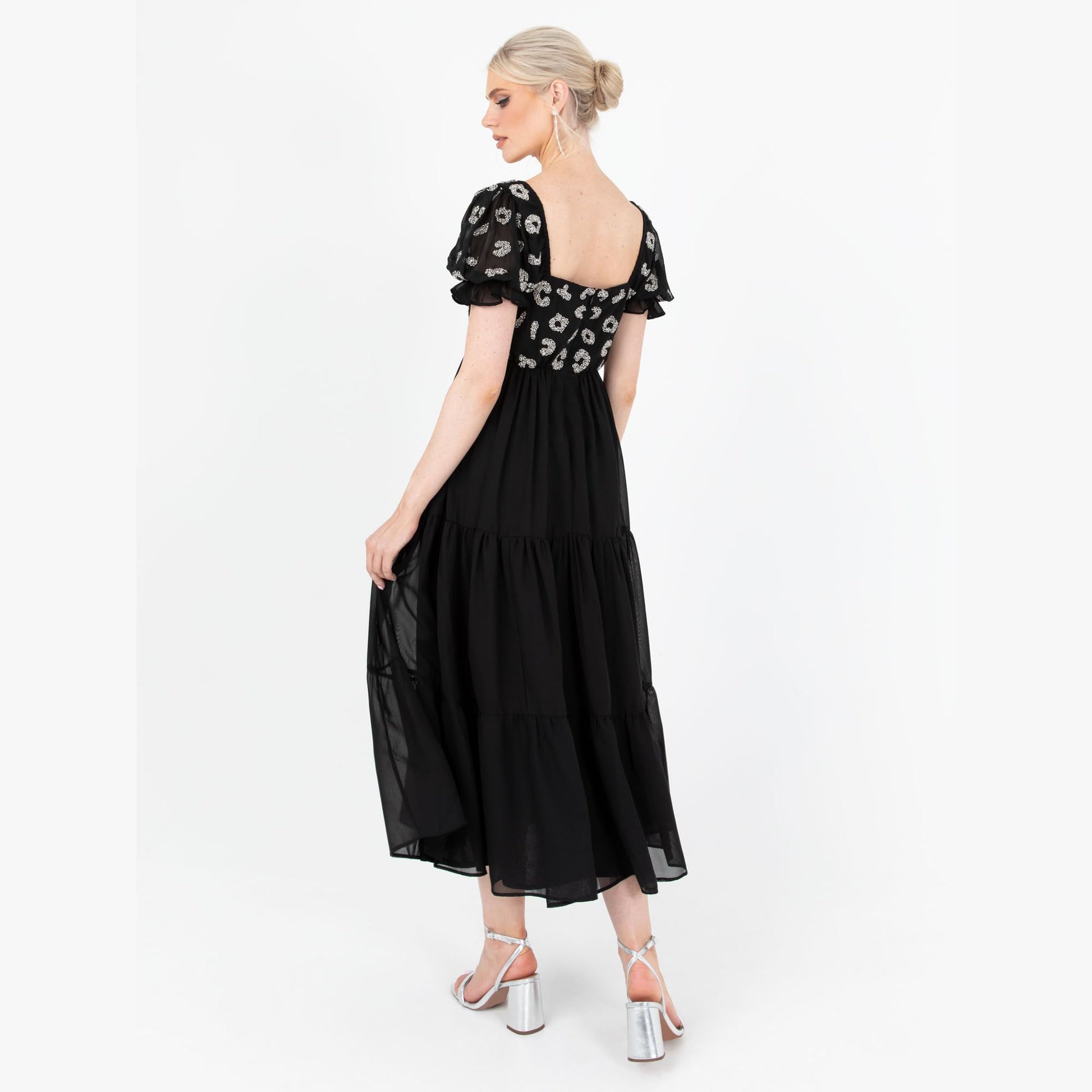 Lovedrobe Women's Midaxi Dress Ladies Animal Sequin Embellished Short Puff Sleeve Square Neck A-Line for Evening Party Cocktail Vestido, Black, 40 para Mujer