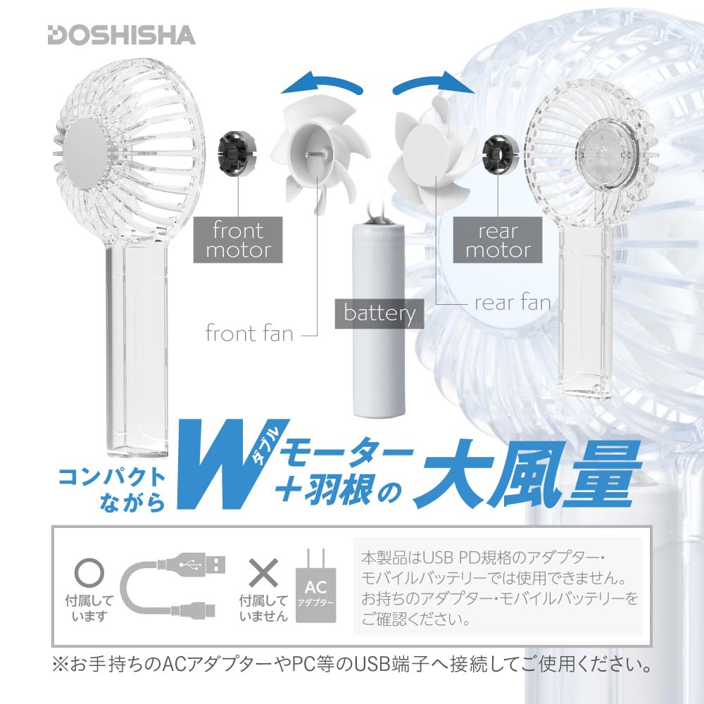 Doshisha FSA-54B BL Handy Fan, Small, Rechargeable (Type-C), 4 Levels of Airflow, Clear Handy Fan, Blue