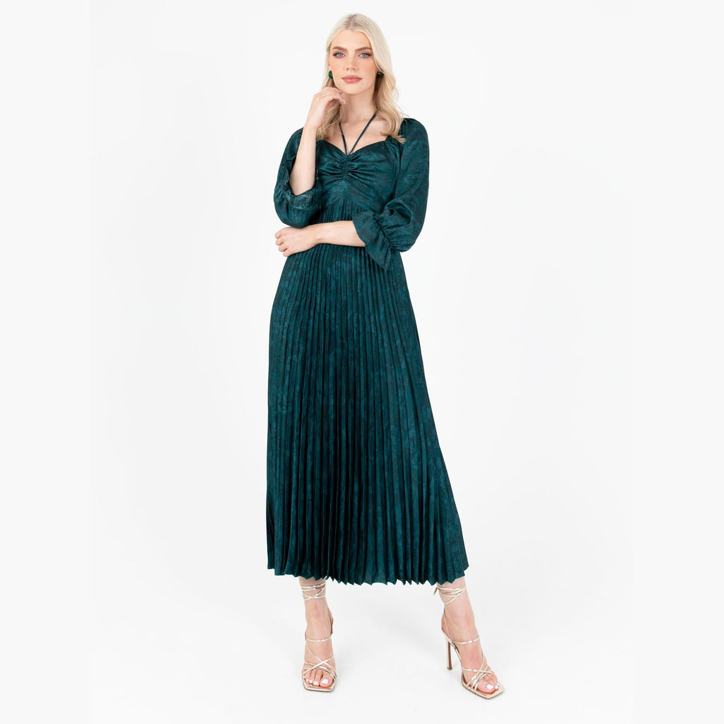 Lovedrobe Women's Midaxi Dress Ladies Emerald Green Pleated Empire A-Line High Waist Tie Neck Wedding Guest Cocktail Evening Prom Vestido, 40 para Mujer