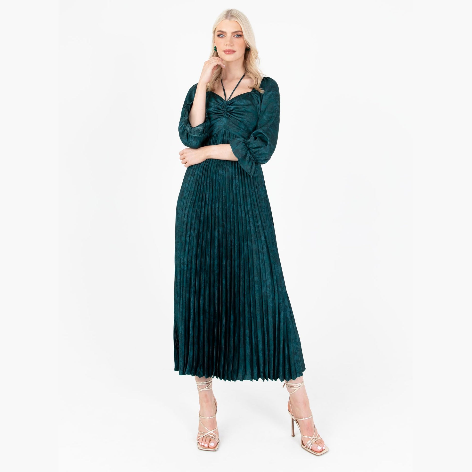 Lovedrobe Women's Midaxi Dress Ladies Emerald Green Pleated Empire A-Line High Waist Tie Neck Wedding Guest Cocktail Evening Prom Vestido, 40 para Mujer