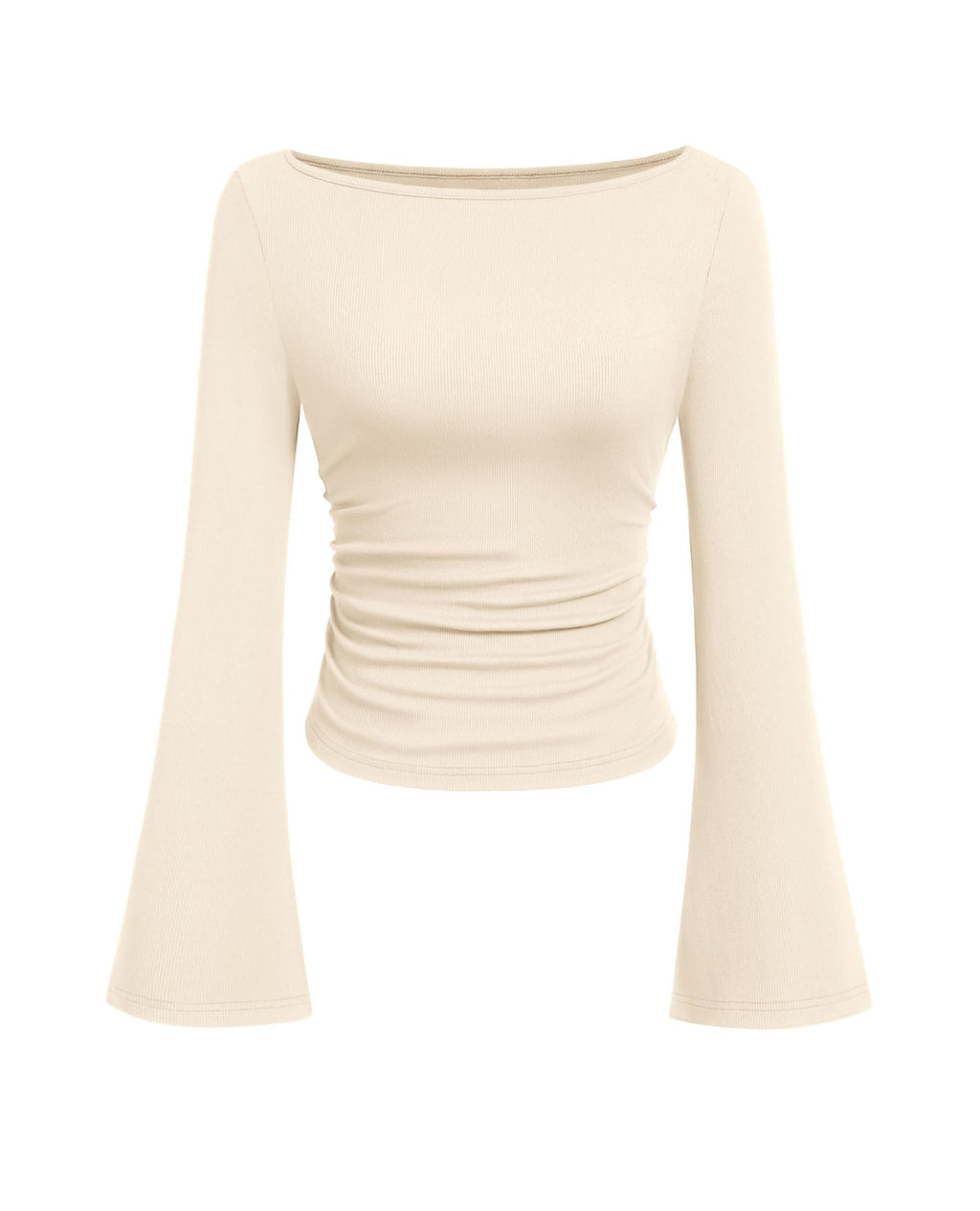 PRETTYGARDEN Womens Bell Long Sleeve Ribbed Knit Tops,Beige,M