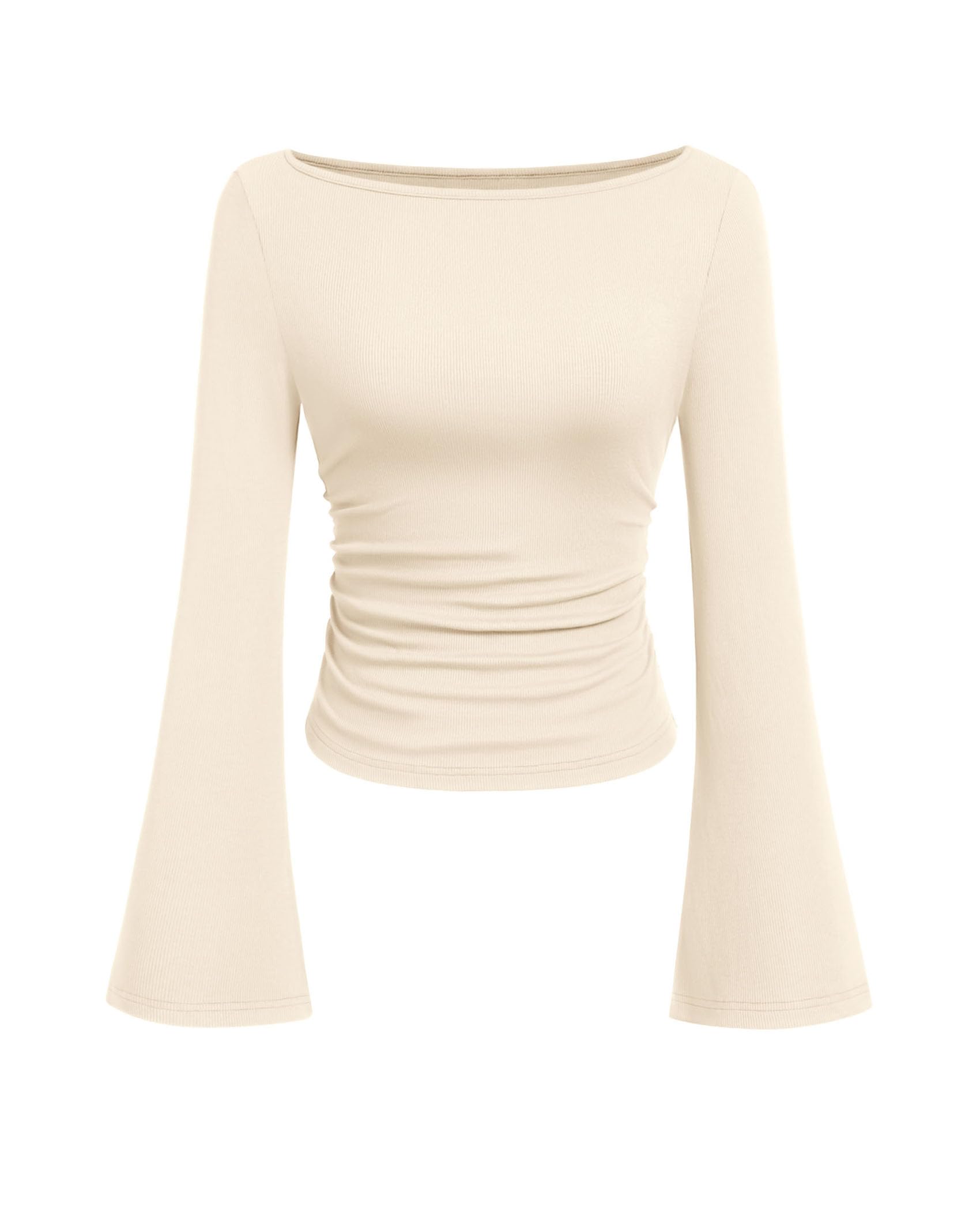 PRETTYGARDEN Womens Bell Long Sleeve Ribbed Knit Tops,Beige,M