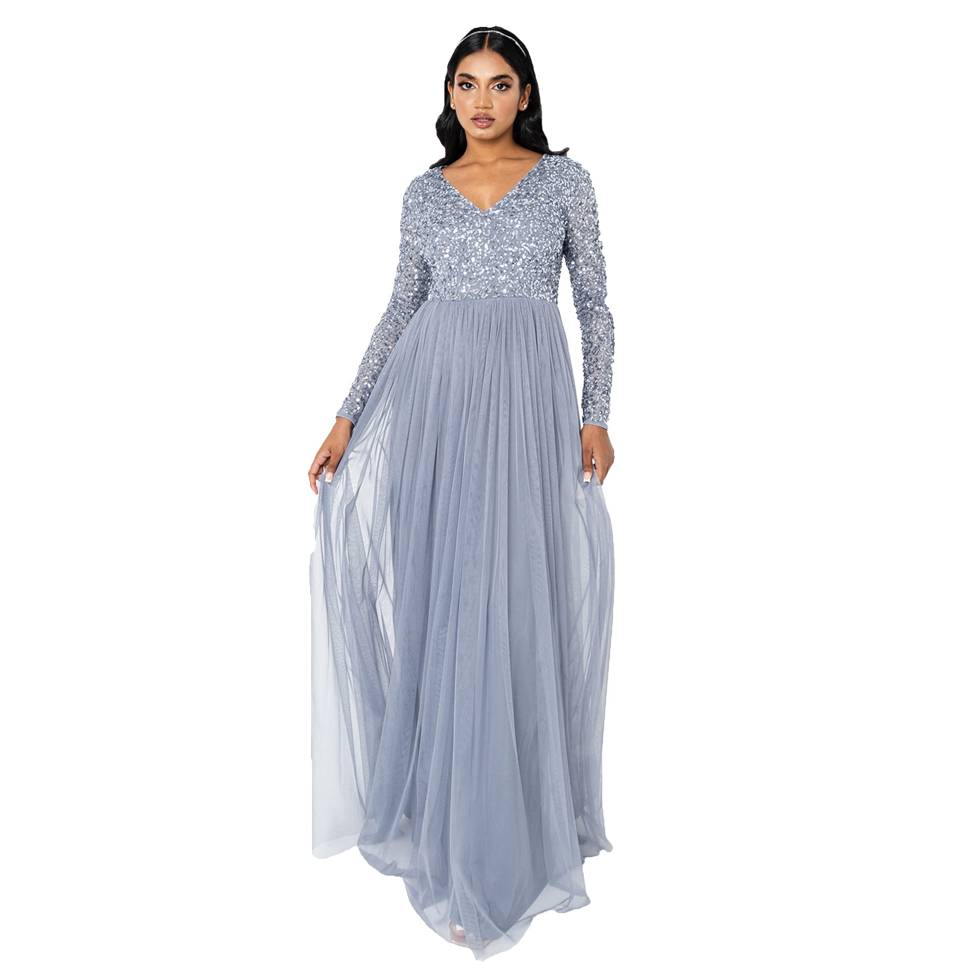 Maya Deluxe Womens Ladies Dress Sleeve for Wedding Guest V Neck High Empire Waist Maxi Long Length Evening Bridesmaid Prom Vestido, Dusty Blue, 24 para Mujer