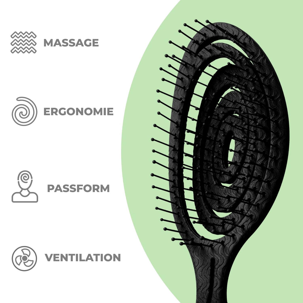 Ninabella Bio Haarbürste ohne Ziepen für Damen, Herren & Kinder - Entwirrbürste auch für Locken & Lange Haare - Einzigartige Profi Detangler-Bürste mit Spiralfeder - Schwarz